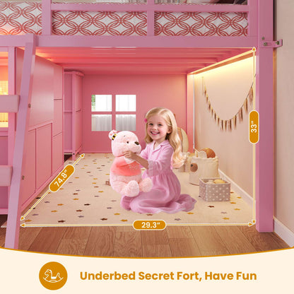 ADORNEVE Loft Bed Full Size with 7 Storage Drawers and Bookcase Kids LED Loft Bed with Safety Guardrail and Under-Bed Play Space Metal Loft Bed with Inclined Ladder and Play Curtain
