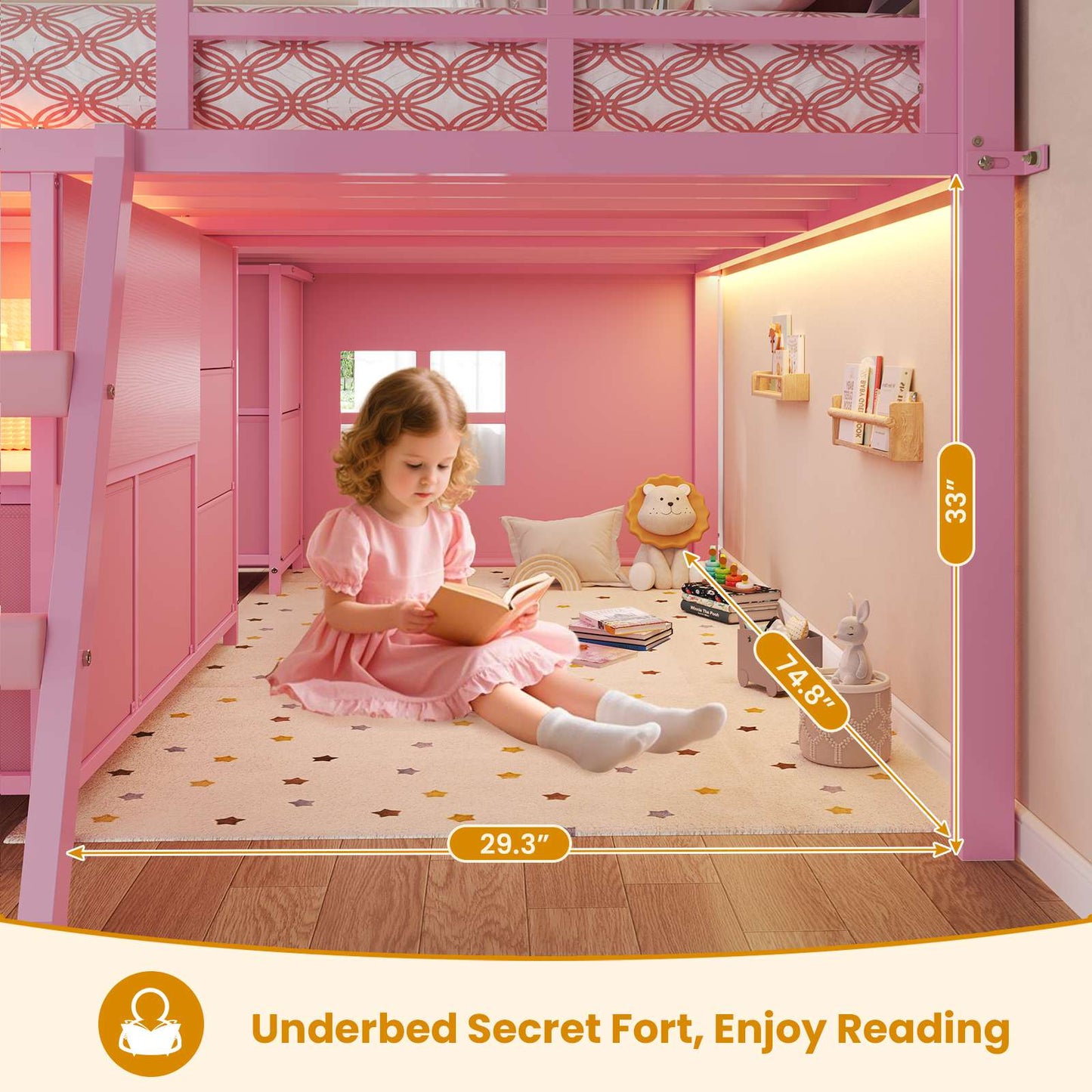 ADORNEVE Loft Bed Full Size with 7 Storage Drawers and Bookcase Kids LED Loft Bed with Safety Guardrail and Under-Bed Play Space Metal Loft Bed with Inclined Ladder and Play Curtain