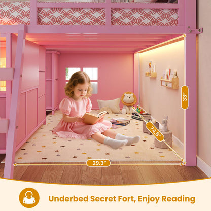 ADORNEVE Loft Bed Full Size with 7 Storage Drawers and Bookcase Kids LED Loft Bed with Safety Guardrail and Under-Bed Play Space Metal Loft Bed with Inclined Ladder and Play Curtain