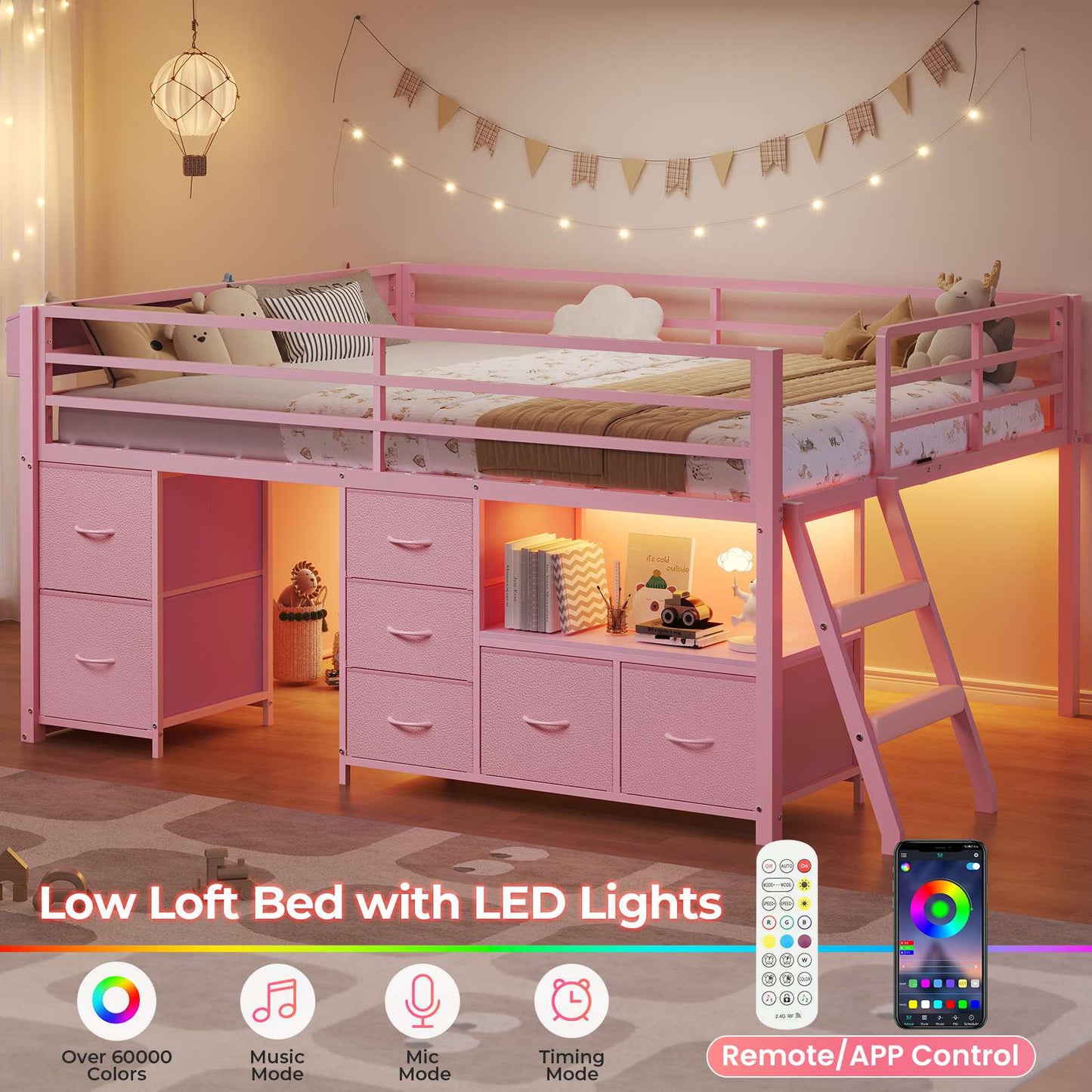ADORNEVE Loft Bed Full Size with 7 Storage Drawers and Bookcase Kids LED Loft Bed with Safety Guardrail and Under-Bed Play Space Metal Loft Bed with Inclined Ladder and Play Curtain