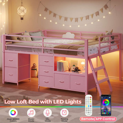 ADORNEVE Loft Bed Full Size with 7 Storage Drawers and Bookcase Kids LED Loft Bed with Safety Guardrail and Under-Bed Play Space Metal Loft Bed with Inclined Ladder and Play Curtain