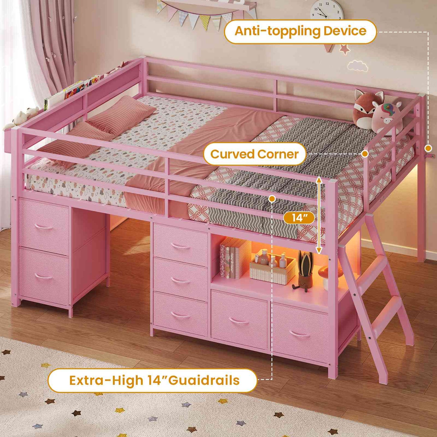 ADORNEVE Loft Bed Full Size with 7 Storage Drawers and Bookcase Kids LED Loft Bed with Safety Guardrail and Under-Bed Play Space Metal Loft Bed with Inclined Ladder and Play Curtain