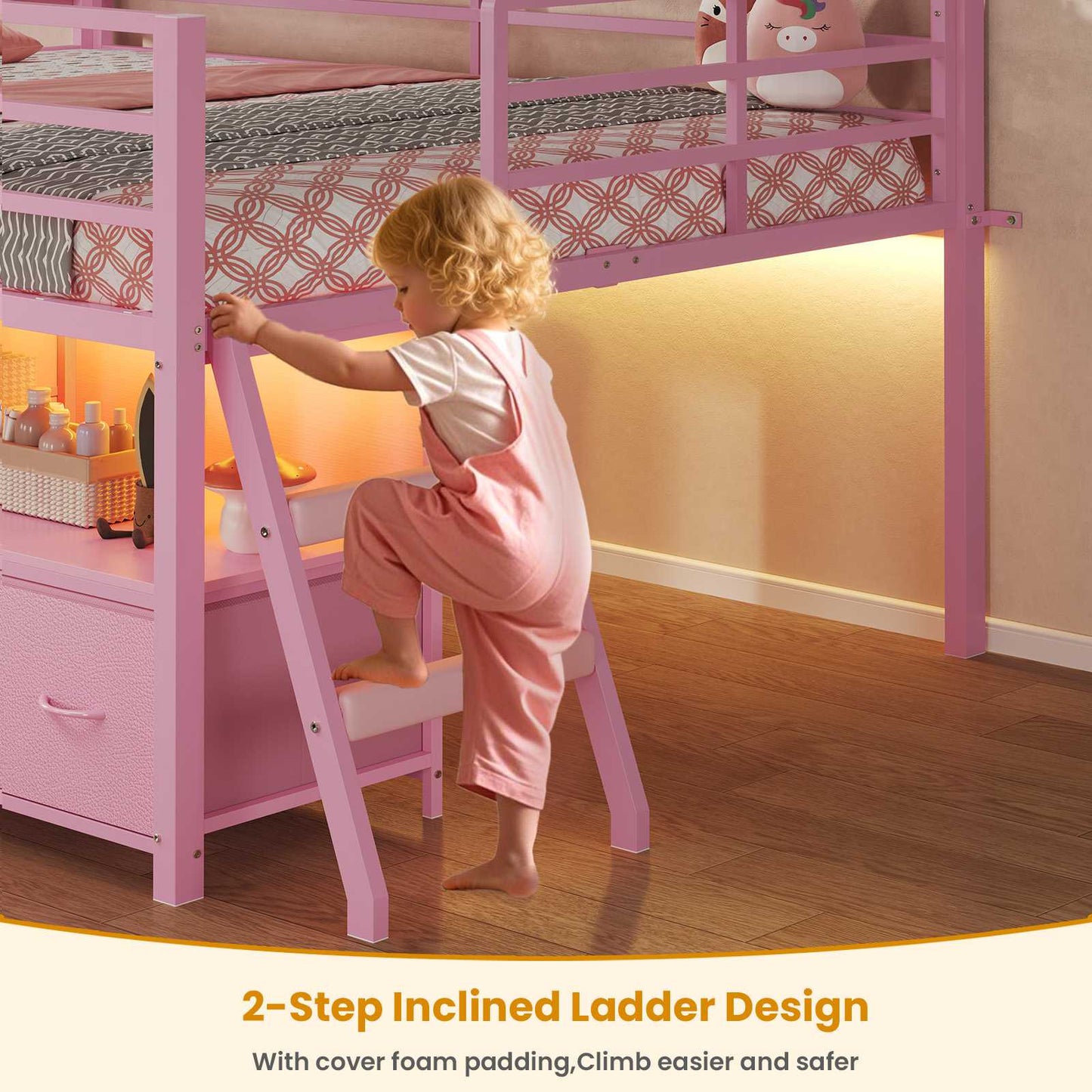 ADORNEVE Loft Bed Full Size with 7 Storage Drawers and Bookcase Kids LED Loft Bed with Safety Guardrail and Under-Bed Play Space Metal Loft Bed with Inclined Ladder and Play Curtain