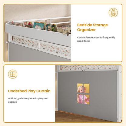 ADORNEVE Loft Bed Full Size with 7 Storage Drawers and Bookcase Kids LED Loft Bed with Safety Guardrail and Under-Bed Play Space Metal Loft Bed with Inclined Ladder and Play Curtain