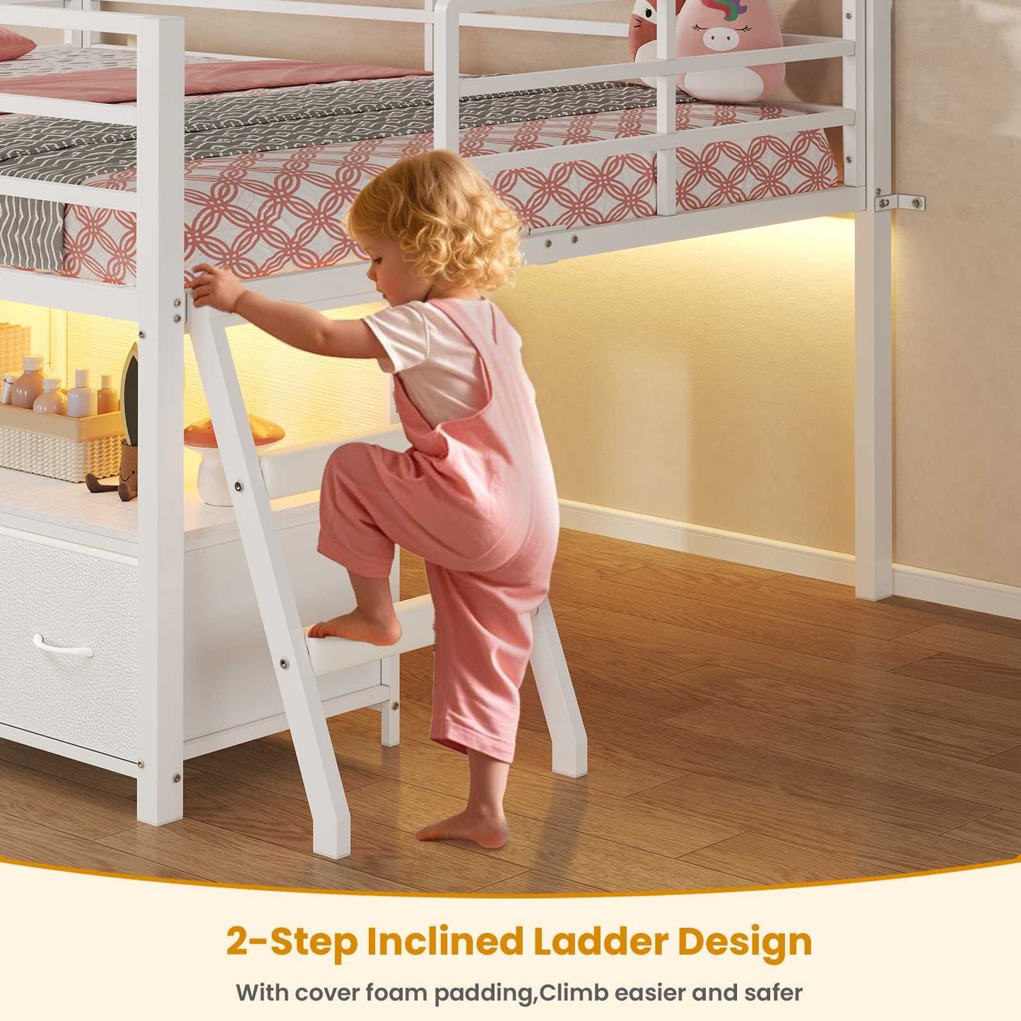 ADORNEVE Loft Bed Full Size with 7 Storage Drawers and Bookcase Kids LED Loft Bed with Safety Guardrail and Under-Bed Play Space Metal Loft Bed with Inclined Ladder and Play Curtain