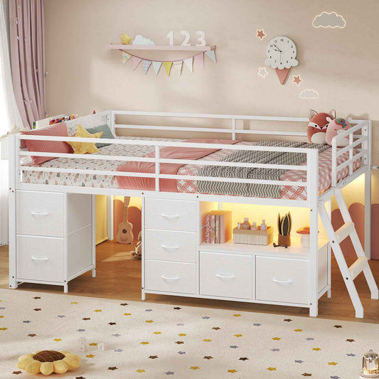 ADORNEVE Loft Bed Full Size with 7 Storage Drawers and Bookcase Kids LED Loft Bed with Safety Guardrail and Under-Bed Play Space Metal Loft Bed with Inclined Ladder and Play Curtain