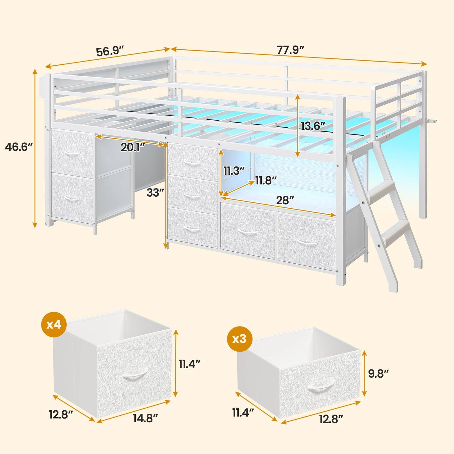 ADORNEVE Loft Bed Full Size with 7 Storage Drawers and Bookcase Kids LED Loft Bed with Safety Guardrail and Under-Bed Play Space Metal Loft Bed with Inclined Ladder and Play Curtain