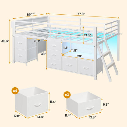 ADORNEVE Loft Bed Full Size with 7 Storage Drawers and Bookcase Kids LED Loft Bed with Safety Guardrail and Under-Bed Play Space Metal Loft Bed with Inclined Ladder and Play Curtain