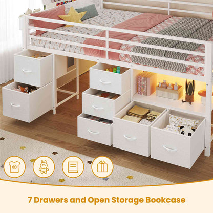 ADORNEVE Loft Bed Full Size with 7 Storage Drawers and Bookcase Kids LED Loft Bed with Safety Guardrail and Under-Bed Play Space Metal Loft Bed with Inclined Ladder and Play Curtain
