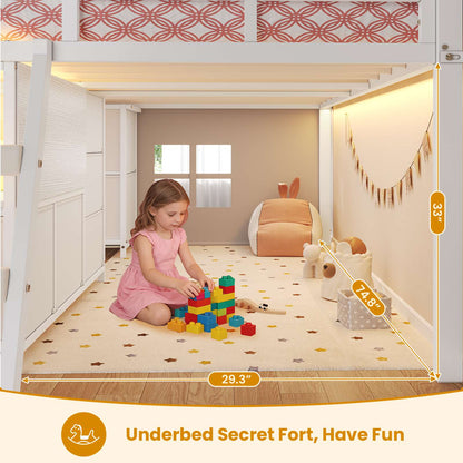 ADORNEVE Loft Bed Full Size with 7 Storage Drawers and Bookcase Kids LED Loft Bed with Safety Guardrail and Under-Bed Play Space Metal Loft Bed with Inclined Ladder and Play Curtain