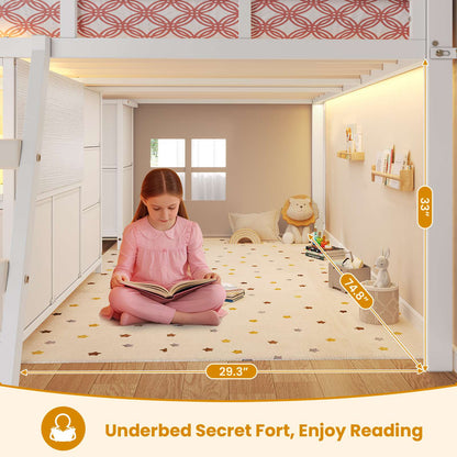 ADORNEVE Loft Bed Full Size with 7 Storage Drawers and Bookcase Kids LED Loft Bed with Safety Guardrail and Under-Bed Play Space Metal Loft Bed with Inclined Ladder and Play Curtain