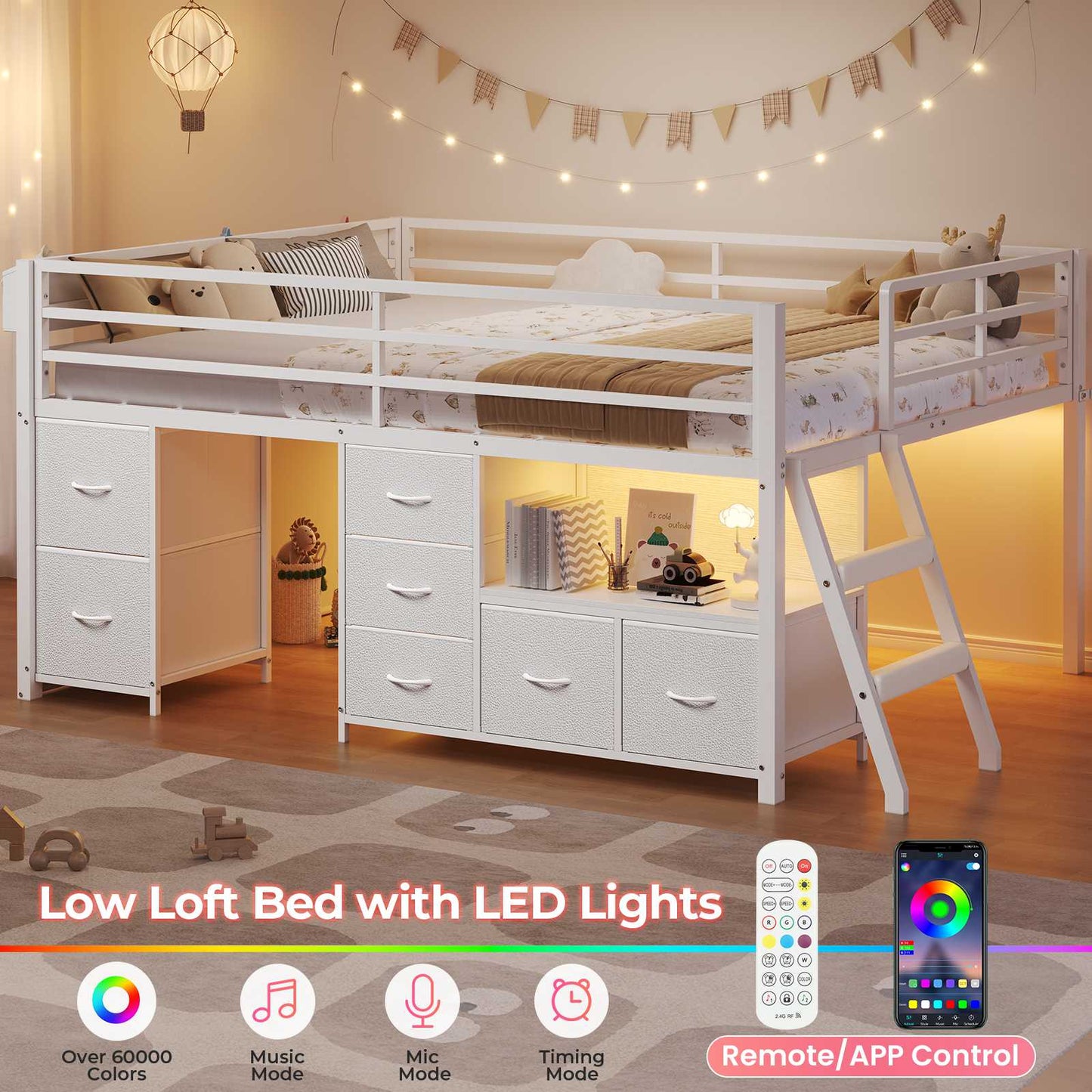 ADORNEVE Loft Bed Full Size with 7 Storage Drawers and Bookcase Kids LED Loft Bed with Safety Guardrail and Under-Bed Play Space Metal Loft Bed with Inclined Ladder and Play Curtain