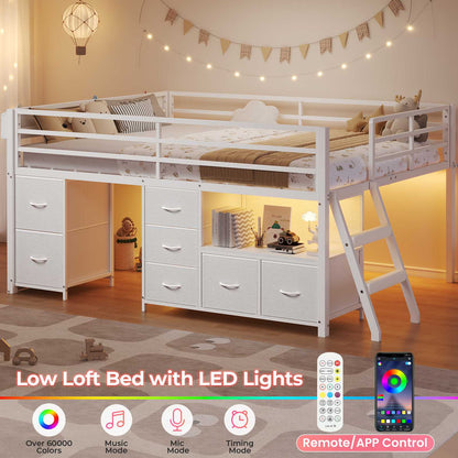 ADORNEVE Loft Bed Full Size with 7 Storage Drawers and Bookcase Kids LED Loft Bed with Safety Guardrail and Under-Bed Play Space Metal Loft Bed with Inclined Ladder and Play Curtain