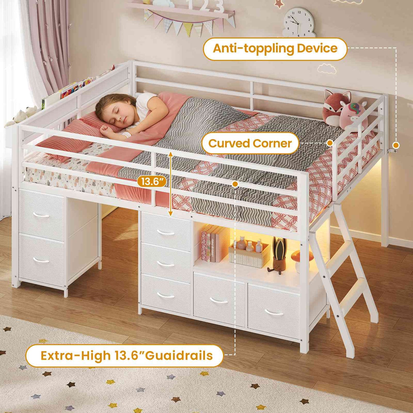 ADORNEVE Loft Bed Full Size with 7 Storage Drawers and Bookcase Kids LED Loft Bed with Safety Guardrail and Under-Bed Play Space Metal Loft Bed with Inclined Ladder and Play Curtain
