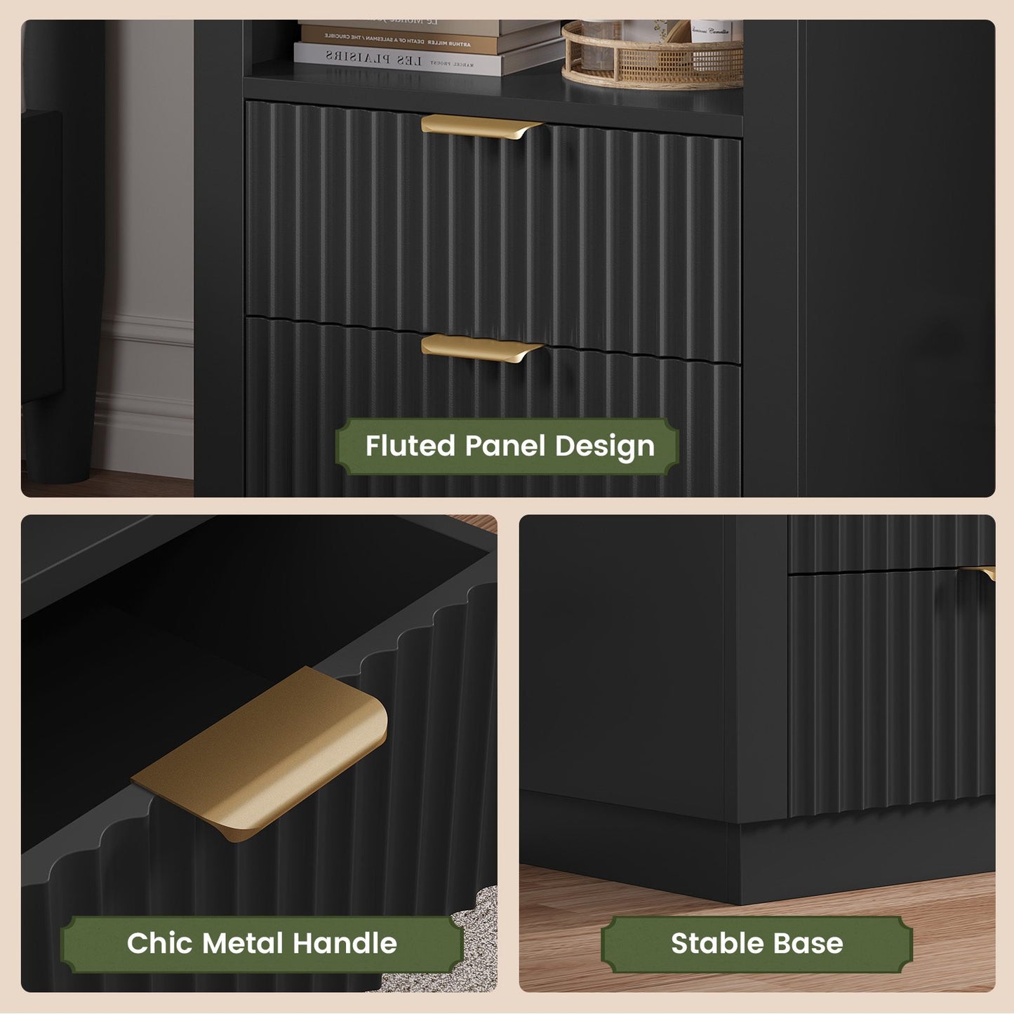 ADORNEVE Tall Fluted Nightstand with Drawers and Open Shelf Mid Century Modern Side Table with Metal Handle Wooden Bedside End Table for Bedroom Living Room
