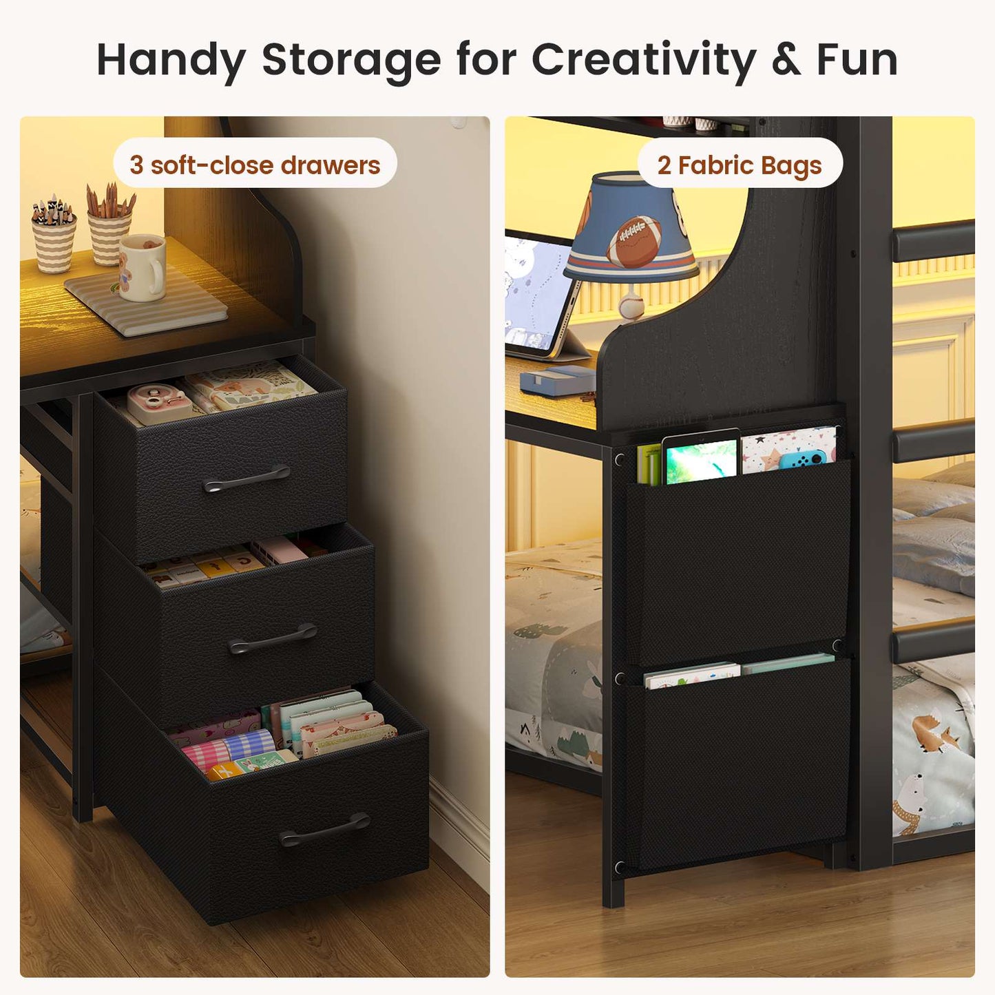 ADORNEVE Bunk Bed Twin Over Twin with Desk and Bookshelf Metal Floor Bunk Bed with 3 Storage Drawers and RGB Lights Charging Station Safety Guardrail and Ladder