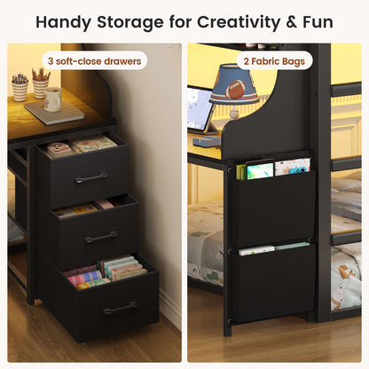 ADORNEVE Bunk Bed Twin Over Twin with Desk and Bookshelf Metal Floor Bunk Bed with 3 Storage Drawers and RGB Lights Charging Station Safety Guardrail and Ladder