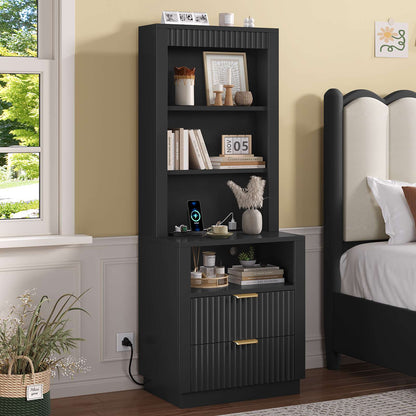 ADORNEVE Tall Fluted Nightstand with Drawers and Open Shelf Mid Century Modern Side Table with Metal Handle Wooden Bedside End Table for Bedroom Living Room