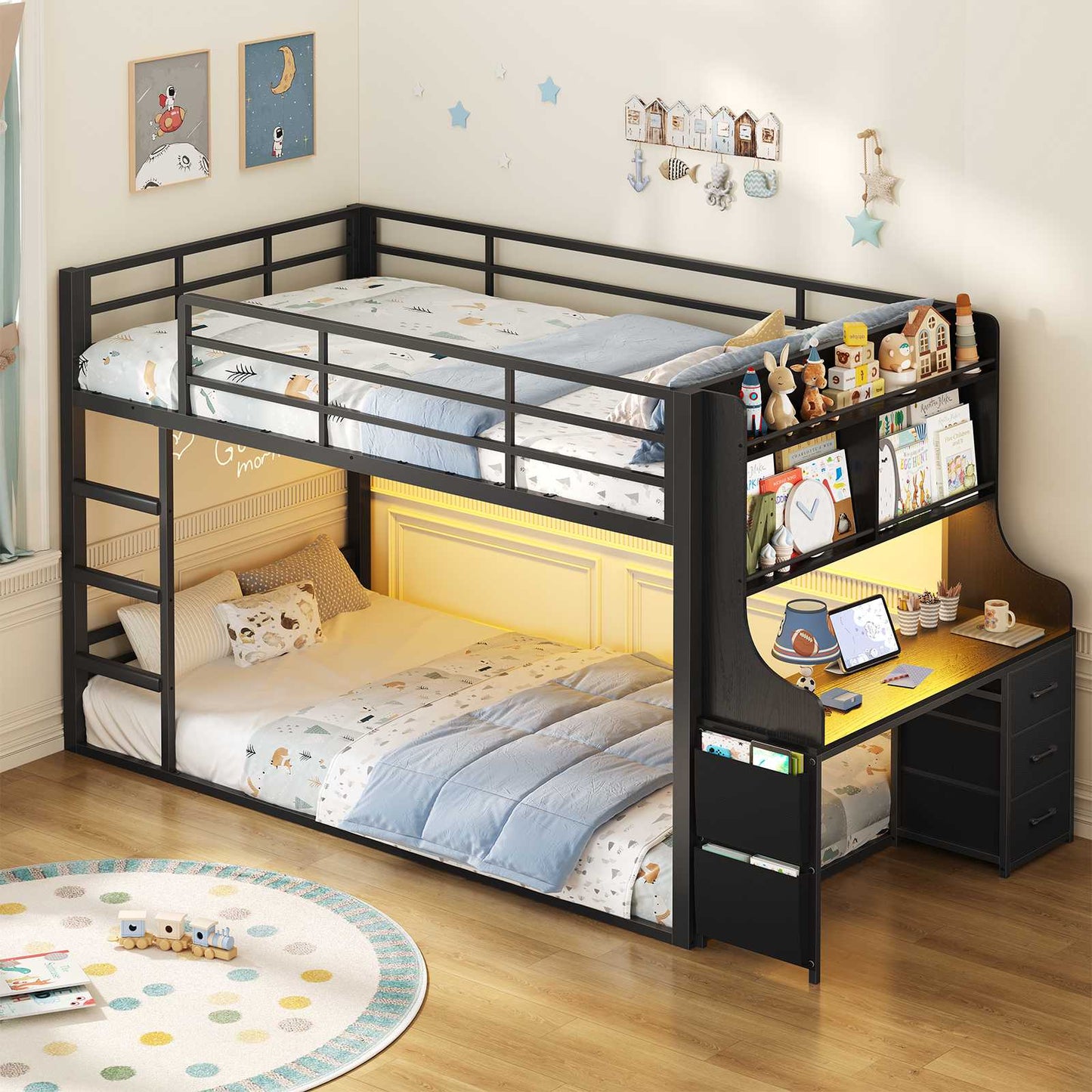 ADORNEVE Bunk Bed Twin Over Twin with Desk and Bookshelf Metal Floor Bunk Bed with 3 Storage Drawers and RGB Lights Charging Station Safety Guardrail and Ladder