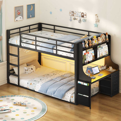 ADORNEVE Bunk Bed Twin Over Twin with Desk and Bookshelf Metal Floor Bunk Bed with 3 Storage Drawers and RGB Lights Charging Station Safety Guardrail and Ladder
