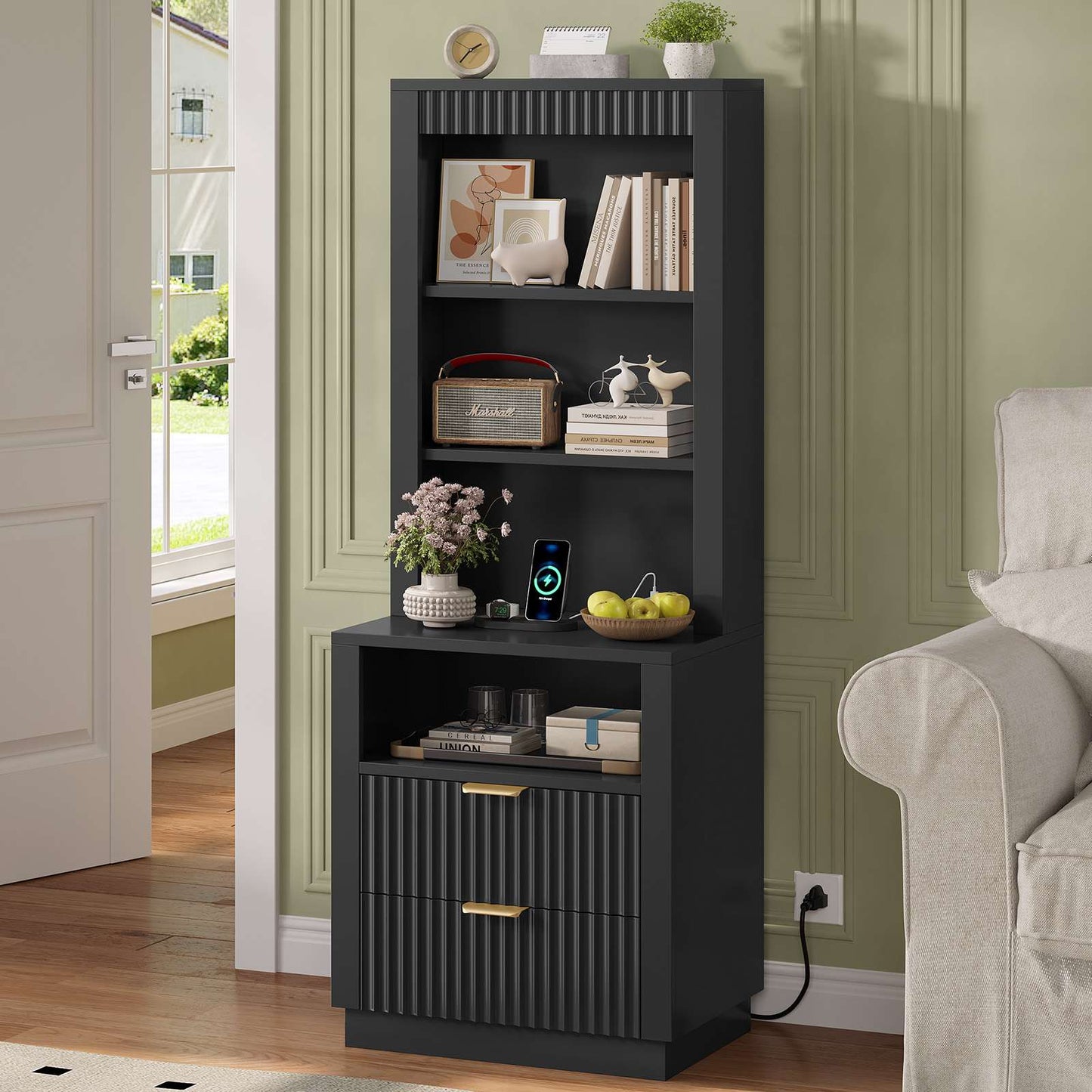 ADORNEVE Tall Fluted Nightstand with Drawers and Open Shelf Mid Century Modern Side Table with Metal Handle Wooden Bedside End Table for Bedroom Living Room