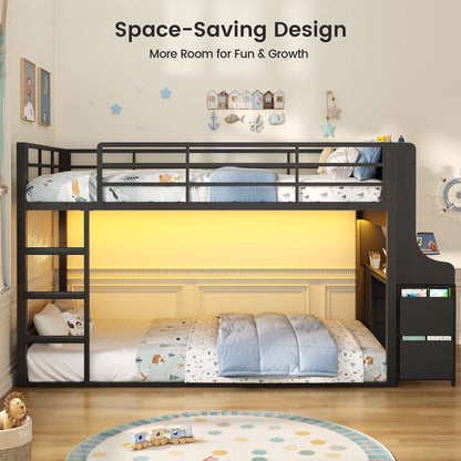ADORNEVE Bunk Bed Twin Over Twin with Desk and Bookshelf Metal Floor Bunk Bed with 3 Storage Drawers and RGB Lights Charging Station Safety Guardrail and Ladder
