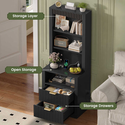 ADORNEVE Tall Fluted Nightstand with Drawers and Open Shelf Mid Century Modern Side Table with Metal Handle Wooden Bedside End Table for Bedroom Living Room