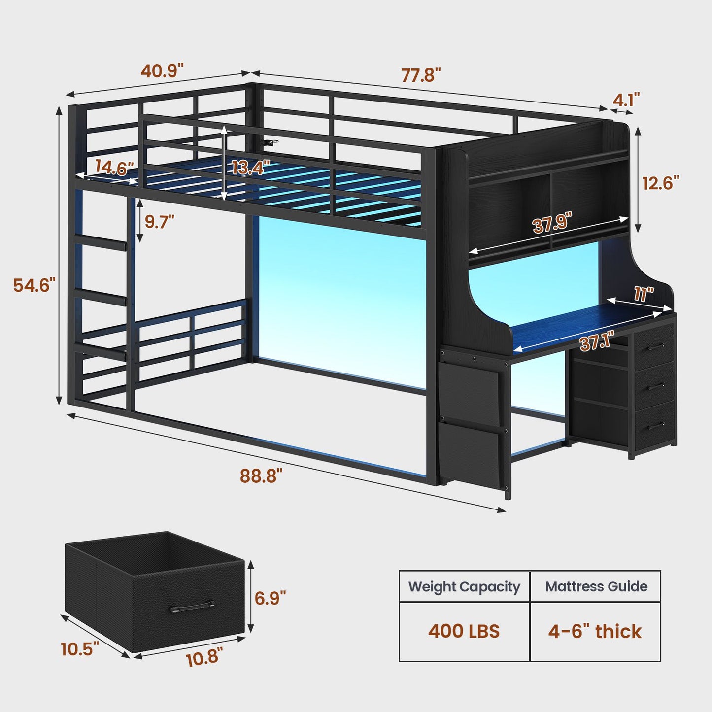 ADORNEVE Bunk Bed Twin Over Twin with Desk and Bookshelf Metal Floor Bunk Bed with 3 Storage Drawers and RGB Lights Charging Station Safety Guardrail and Ladder