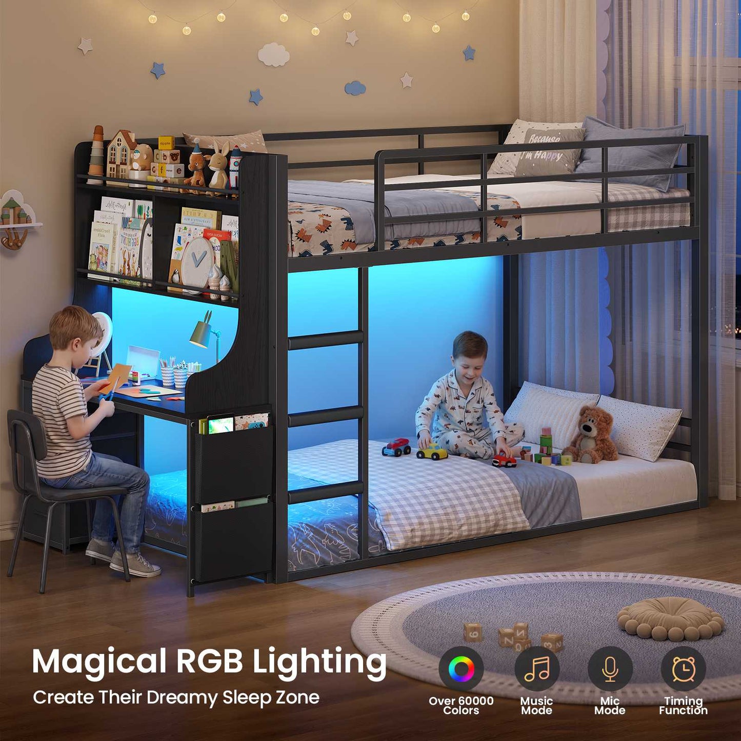 ADORNEVE Bunk Bed Twin Over Twin with Desk and Bookshelf Metal Floor Bunk Bed with 3 Storage Drawers and RGB Lights Charging Station Safety Guardrail and Ladder