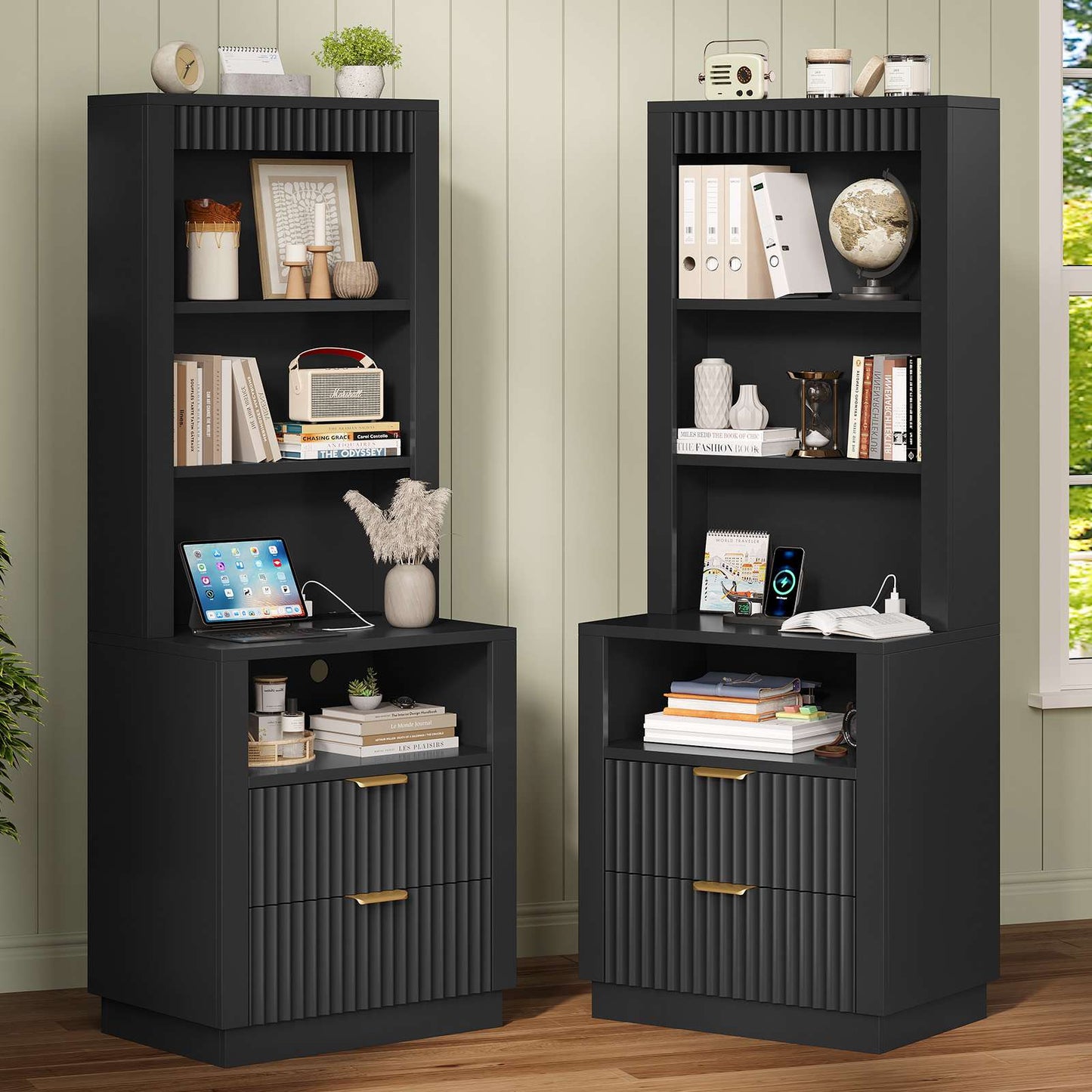 ADORNEVE Tall Fluted Nightstand with Drawers and Open Shelf Mid Century Modern Side Table with Metal Handle Wooden Bedside End Table for Bedroom Living Room