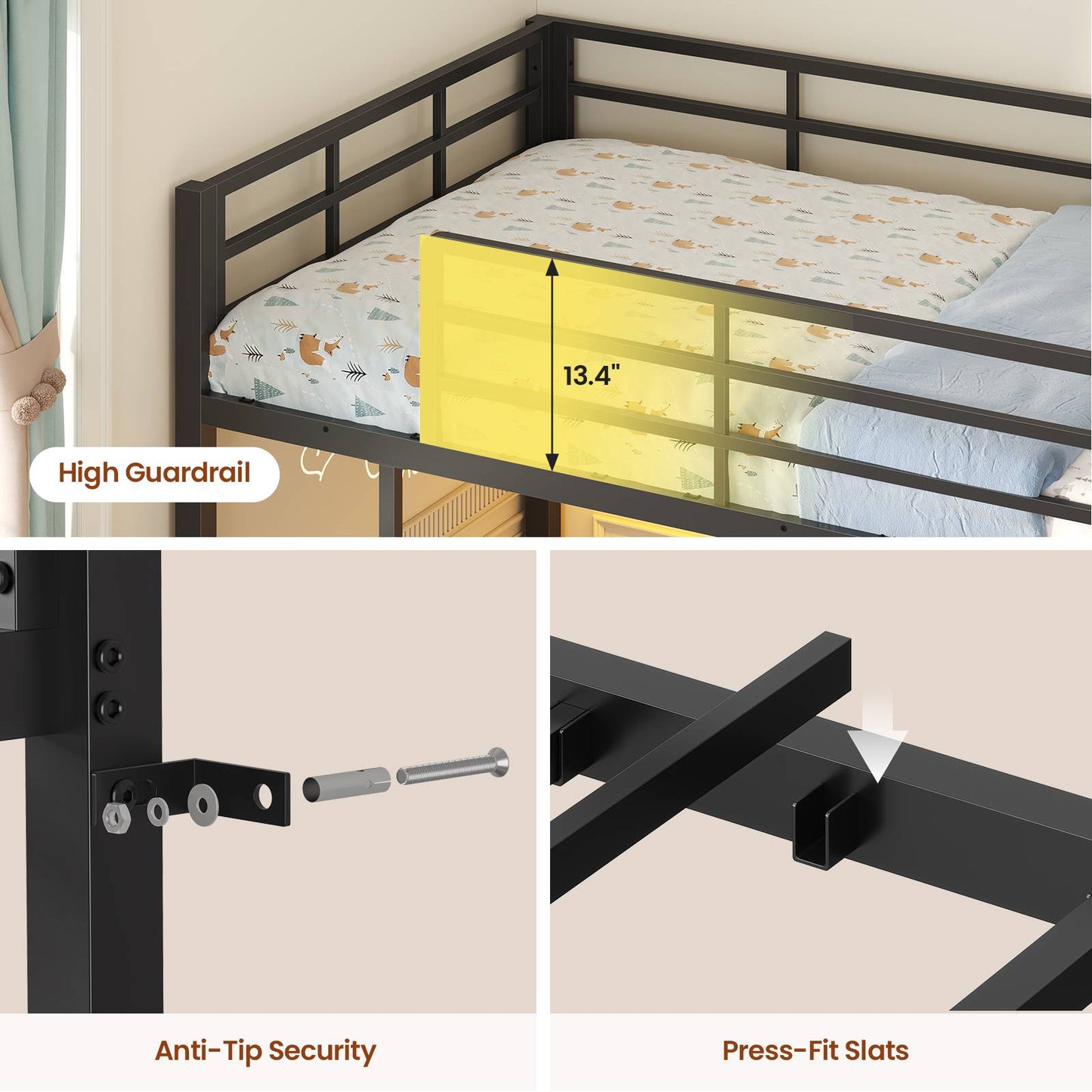 ADORNEVE Bunk Bed Twin Over Twin with Desk and Bookshelf Metal Floor Bunk Bed with 3 Storage Drawers and RGB Lights Charging Station Safety Guardrail and Ladder