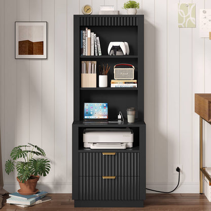 ADORNEVE Tall Fluted Nightstand with Drawers and Open Shelf Mid Century Modern Side Table with Metal Handle Wooden Bedside End Table for Bedroom Living Room