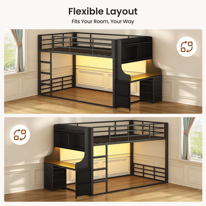 ADORNEVE Bunk Bed Twin Over Twin with Desk and Bookshelf Metal Floor Bunk Bed with 3 Storage Drawers and RGB Lights Charging Station Safety Guardrail and Ladder