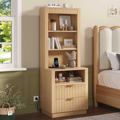 ADORNEVE Tall Fluted Nightstand with Drawers and Open Shelf Mid Century Modern Side Table with Metal Handle Wooden Bedside End Table for Bedroom Living Room