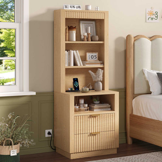 ADORNEVE Tall Fluted Nightstand with Drawers and Open Shelf Mid Century Modern Side Table with Metal Handle Wooden Bedside End Table for Bedroom Living Room