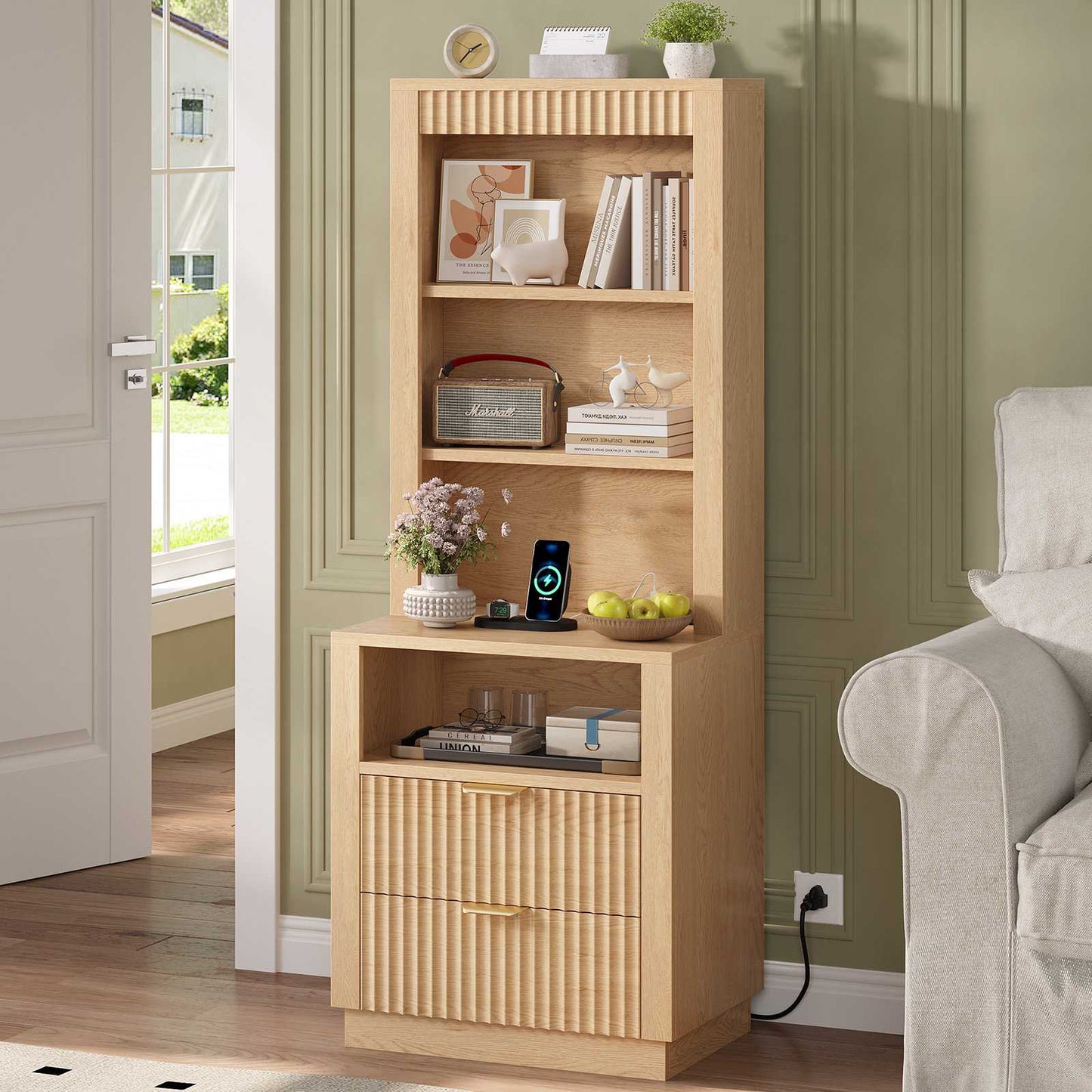 ADORNEVE Tall Fluted Nightstand with Drawers and Open Shelf Mid Century Modern Side Table with Metal Handle Wooden Bedside End Table for Bedroom Living Room