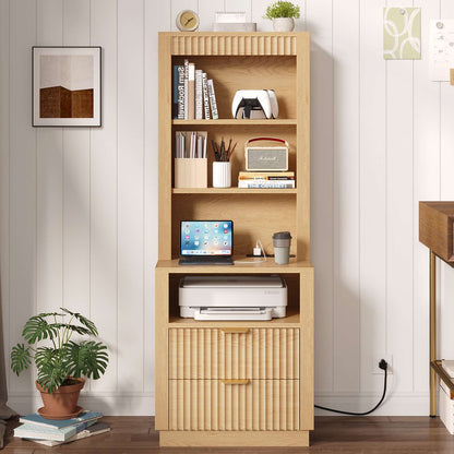 ADORNEVE Tall Fluted Nightstand with Drawers and Open Shelf Mid Century Modern Side Table with Metal Handle Wooden Bedside End Table for Bedroom Living Room