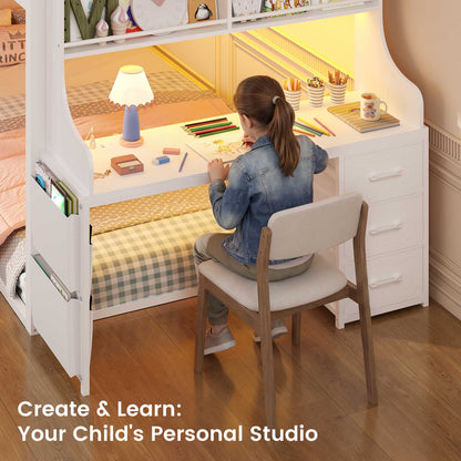 ADORNEVE Bunk Bed Twin Over Twin with Desk and Bookshelf Metal Floor Bunk Bed with 3 Storage Drawers and RGB Lights Charging Station Safety Guardrail and Ladder