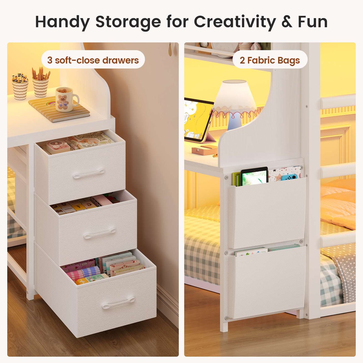 ADORNEVE Bunk Bed Twin Over Twin with Desk and Bookshelf Metal Floor Bunk Bed with 3 Storage Drawers and RGB Lights Charging Station Safety Guardrail and Ladder