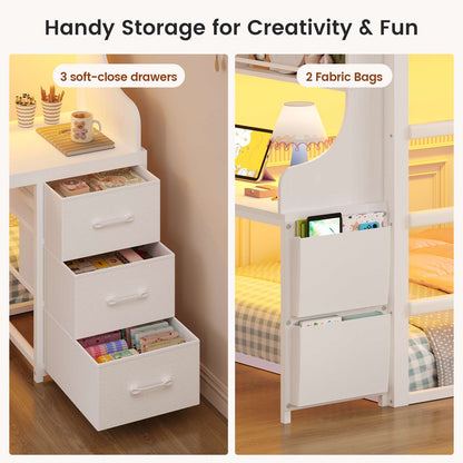 ADORNEVE Bunk Bed Twin Over Twin with Desk and Bookshelf Metal Floor Bunk Bed with 3 Storage Drawers and RGB Lights Charging Station Safety Guardrail and Ladder