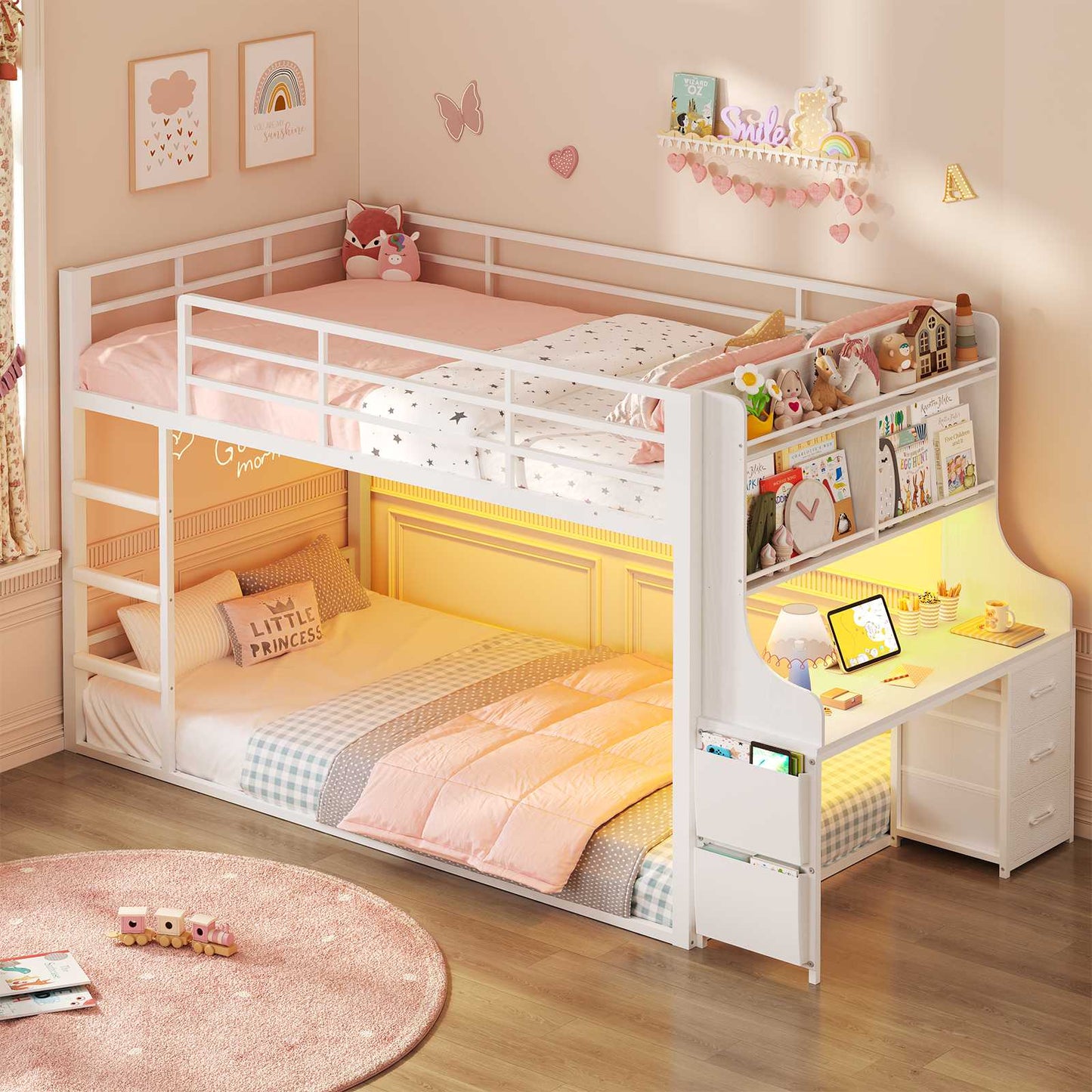 ADORNEVE Bunk Bed Twin Over Twin with Desk and Bookshelf Metal Floor Bunk Bed with 3 Storage Drawers and RGB Lights Charging Station Safety Guardrail and Ladder