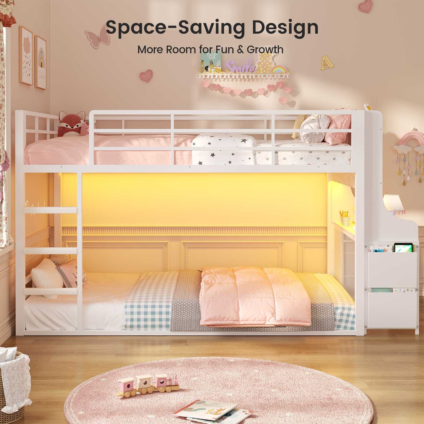 ADORNEVE Bunk Bed Twin Over Twin with Desk and Bookshelf Metal Floor Bunk Bed with 3 Storage Drawers and RGB Lights Charging Station Safety Guardrail and Ladder