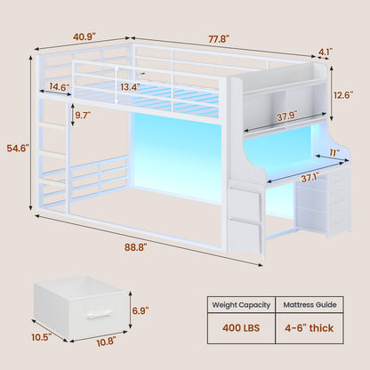 ADORNEVE Bunk Bed Twin Over Twin with Desk and Bookshelf Metal Floor Bunk Bed with 3 Storage Drawers and RGB Lights Charging Station Safety Guardrail and Ladder