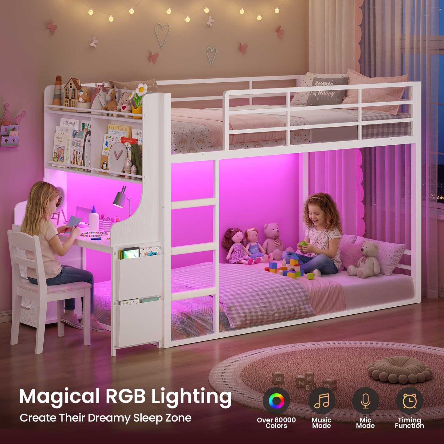 ADORNEVE Bunk Bed Twin Over Twin with Desk and Bookshelf Metal Floor Bunk Bed with 3 Storage Drawers and RGB Lights Charging Station Safety Guardrail and Ladder