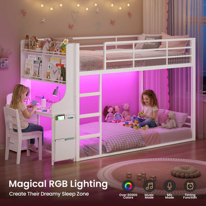 ADORNEVE Bunk Bed Twin Over Twin with Desk and Bookshelf Metal Floor Bunk Bed with 3 Storage Drawers and RGB Lights Charging Station Safety Guardrail and Ladder