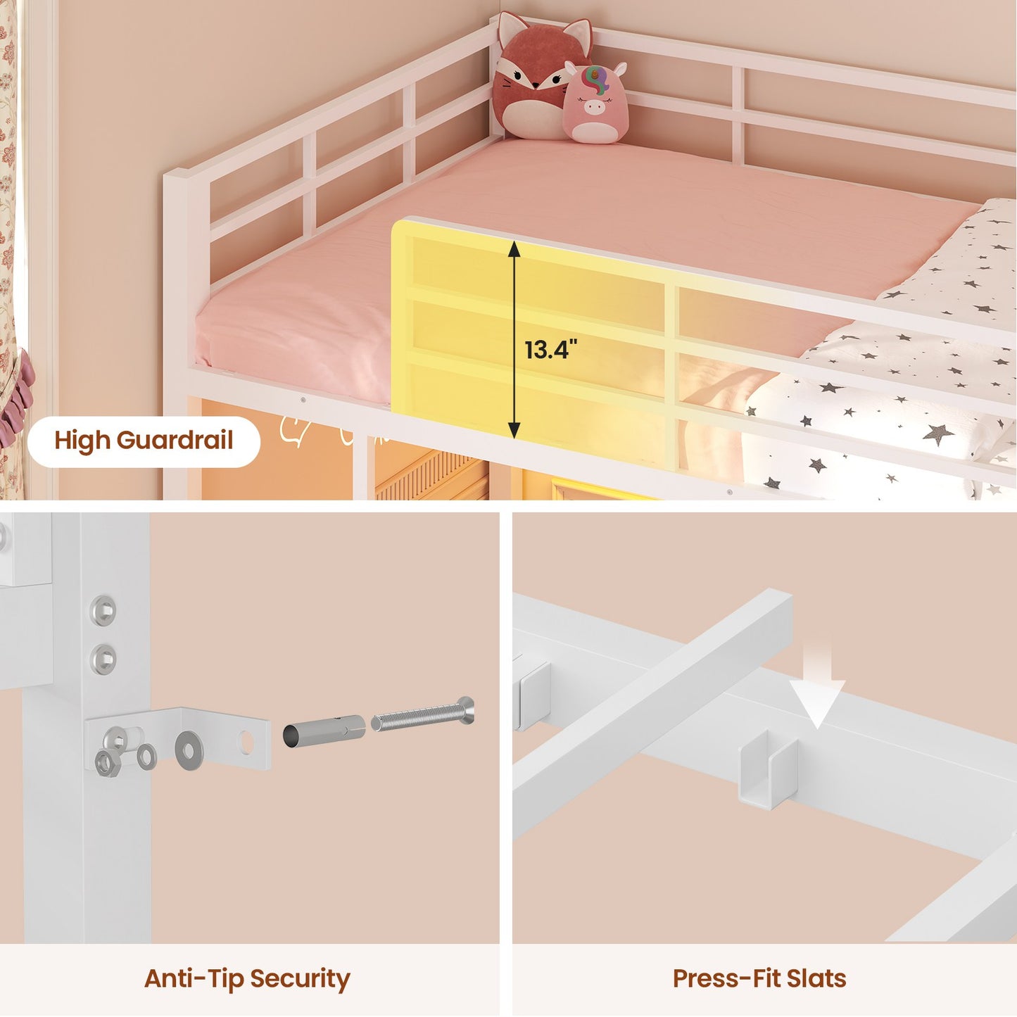 ADORNEVE Bunk Bed Twin Over Twin with Desk and Bookshelf Metal Floor Bunk Bed with 3 Storage Drawers and RGB Lights Charging Station Safety Guardrail and Ladder
