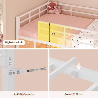 ADORNEVE Bunk Bed Twin Over Twin with Desk and Bookshelf Metal Floor Bunk Bed with 3 Storage Drawers and RGB Lights Charging Station Safety Guardrail and Ladder