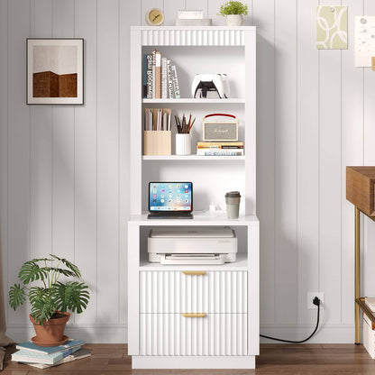 ADORNEVE Tall Fluted Nightstand with Drawers and Open Shelf Mid Century Modern Side Table with Metal Handle Wooden Bedside End Table for Bedroom Living Room