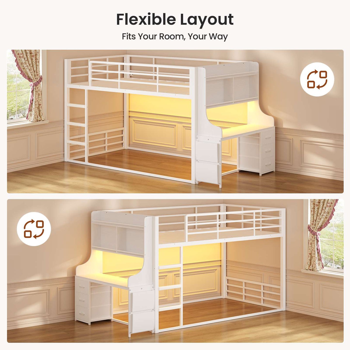 ADORNEVE Bunk Bed Twin Over Twin with Desk and Bookshelf Metal Floor Bunk Bed with 3 Storage Drawers and RGB Lights Charging Station Safety Guardrail and Ladder