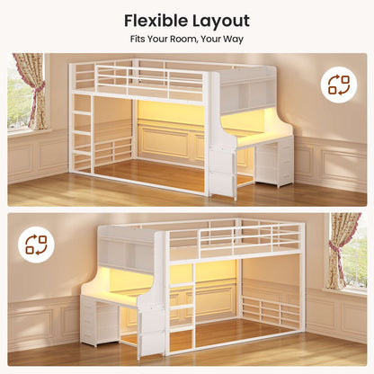 ADORNEVE Bunk Bed Twin Over Twin with Desk and Bookshelf Metal Floor Bunk Bed with 3 Storage Drawers and RGB Lights Charging Station Safety Guardrail and Ladder